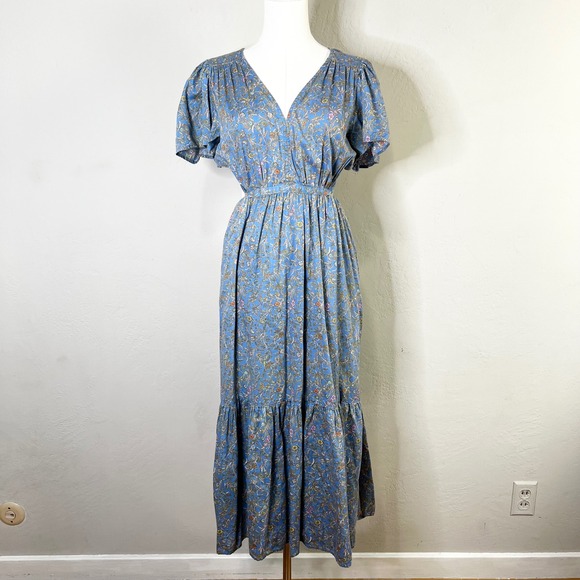 Xirena Maxi Dress Blue Floral 100% Cotton Cut Out Cottagecore Size M Medium - Picture 1 of 12